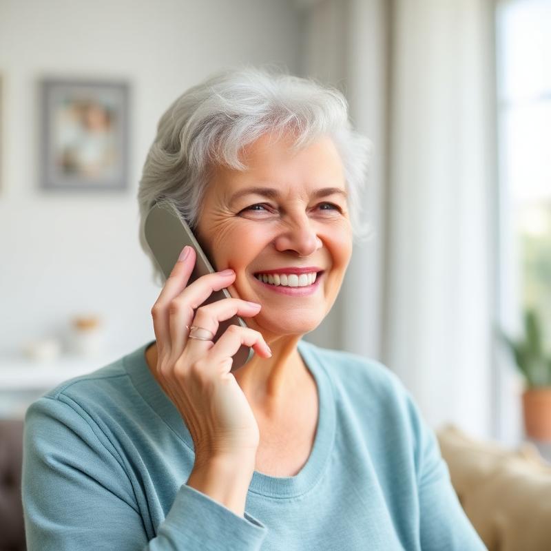 Senior woman speaking with an agent by phone