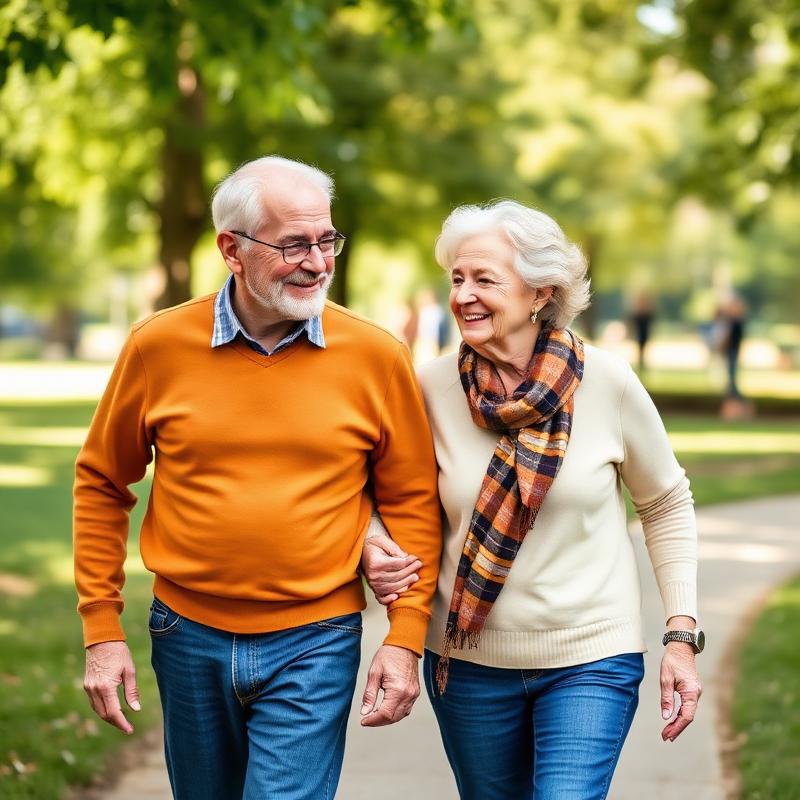 Senior couple walking outdoors in a park